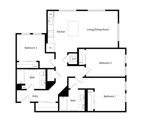 Floor plan for 3 beds, 2 baths, 1204 sqft